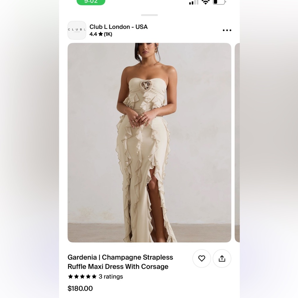 Gardenia Champagne Strapless Ruffle Maxi Dress from Club L London